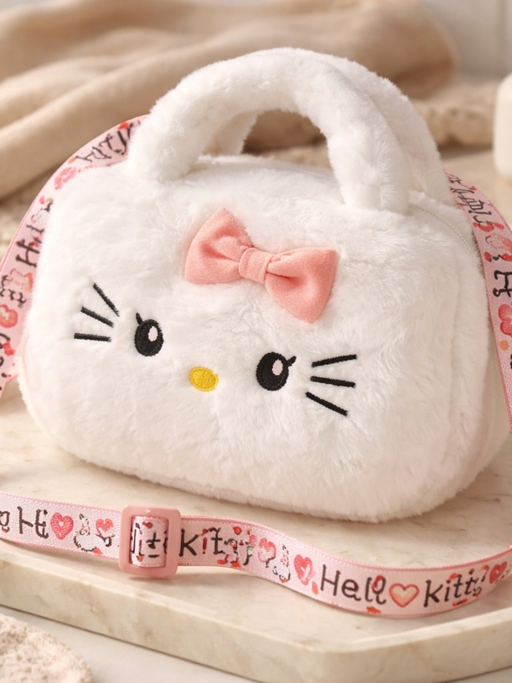 White Plush Hello Kitty Kids Crossbody Bag with Pink Bow